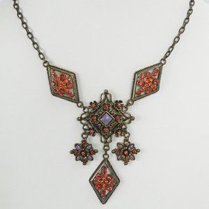 Brass Tone Metal Orange Rhinestone Necklace